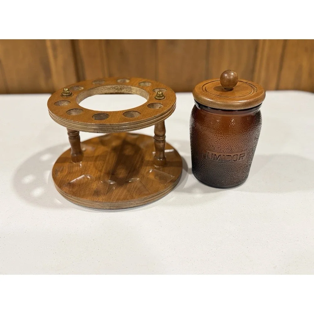 Vintage Round Wood Tobacco 10 Pipe Rack With Amber Duraglas Glass Humidor Jar